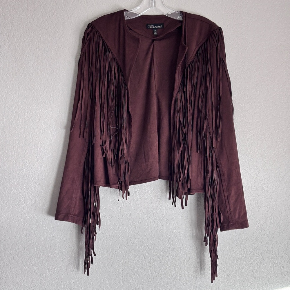 Baccini brown fringe jacket open front, size M